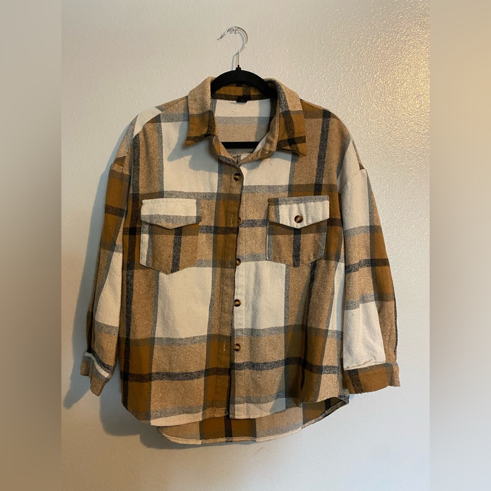 Plus Size XL Tan, Black and White Flannel from SHEIN